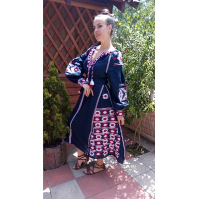 Boho Style Ukrainian Embroidered Maxi Broad Dress Navy with White/Mauve Embroidery